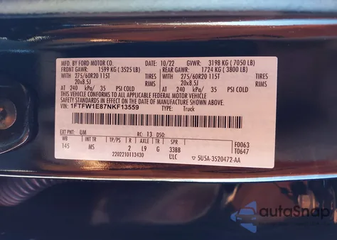 2022 Ford F-150 Xlt из США, поврежденный, VIN 1FTFW1E87NKF13559